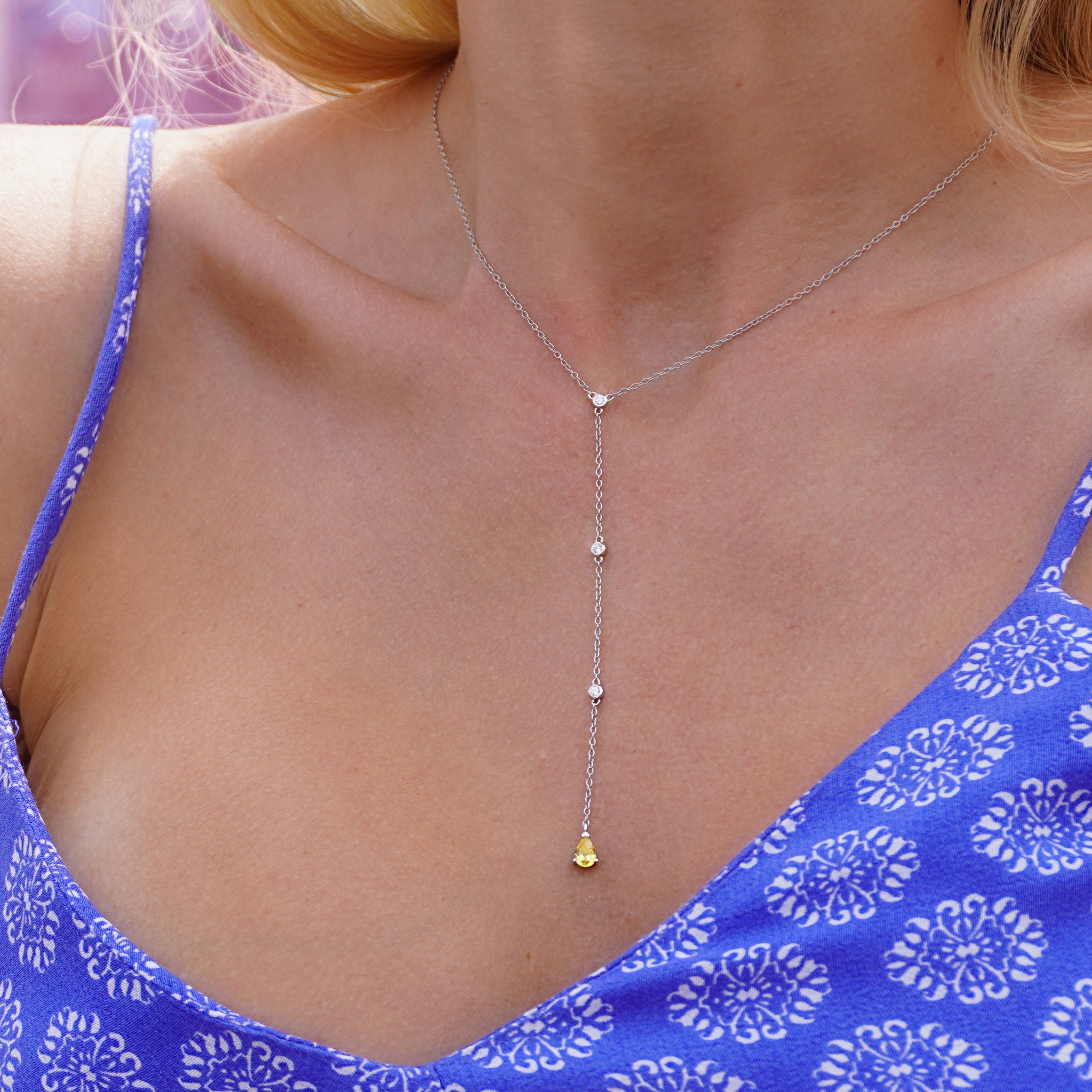 Sunny Dewdrop - Yellow Pear Zircon Crystal Silver Necklace