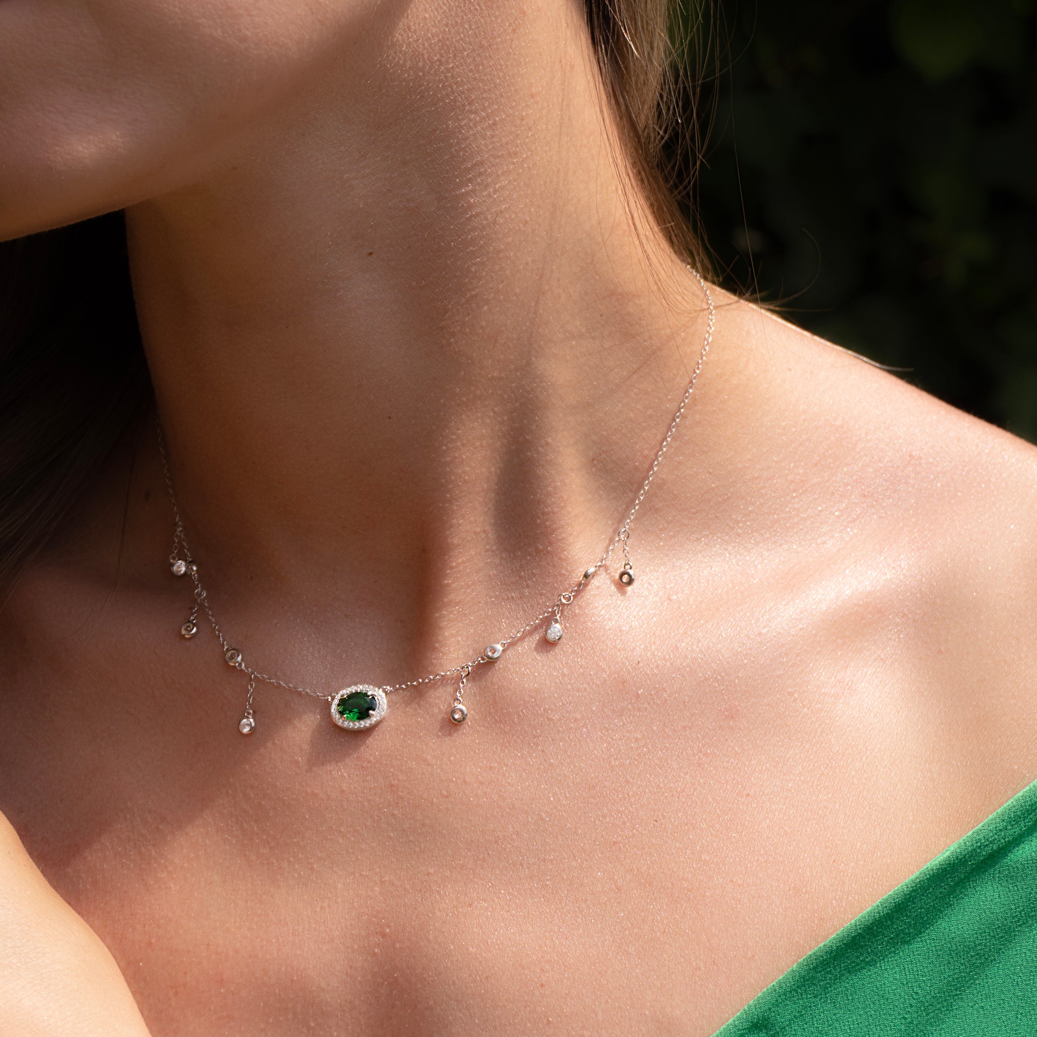 Verdant Harmony - Green Zircon Crystal Silver Necklace