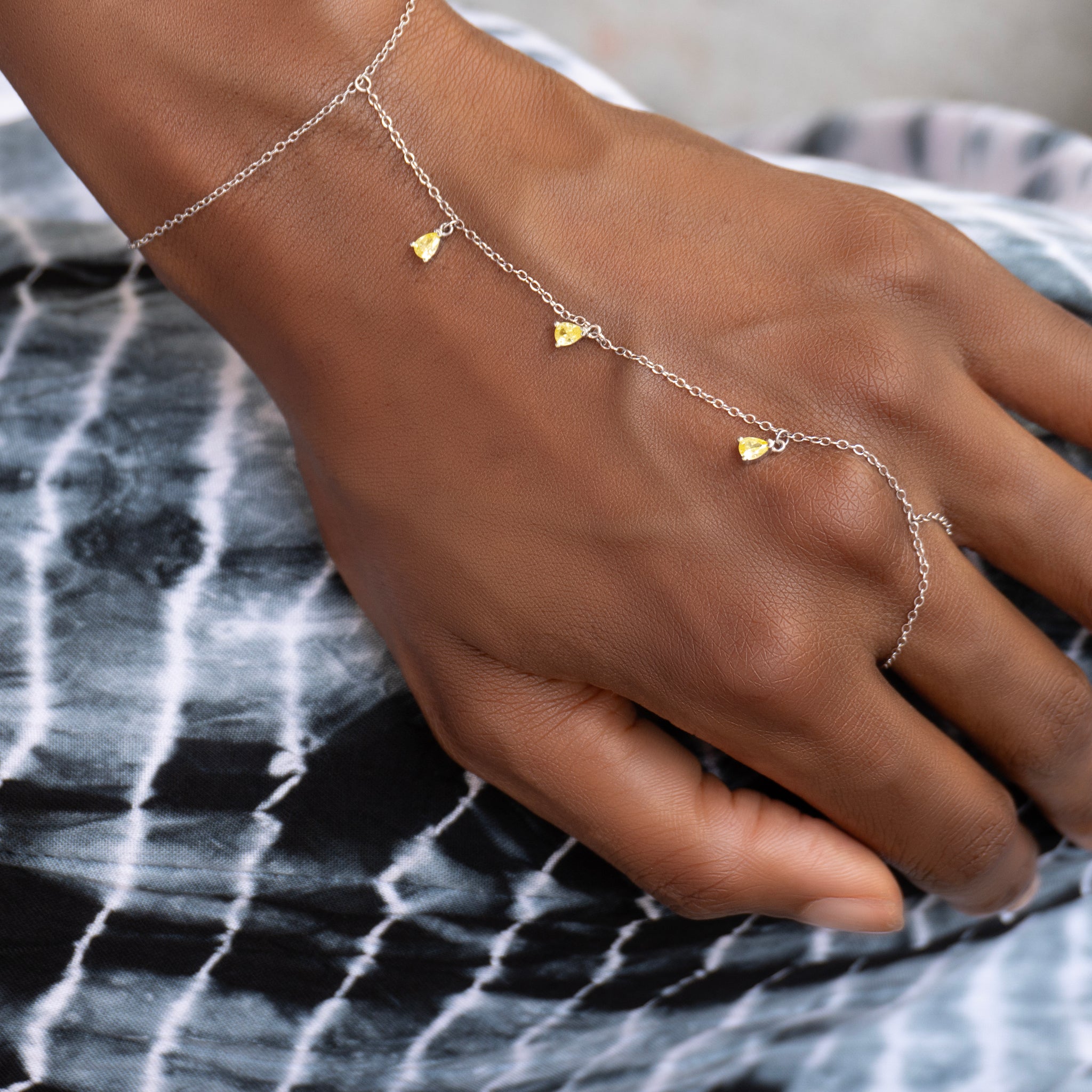 Golden Halo Hand Chain - Yellow Zircon Crystals Silver Bracelet